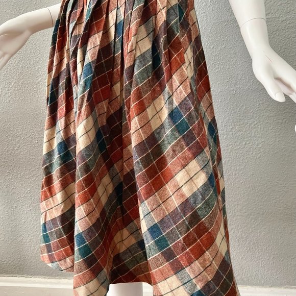 Vintage 70s High Waist Plaid Wool Pleated A-line Midi Skirt XS/S - Picture 4 of 10